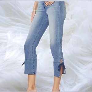 Women's High Rise Cropped Flare Blue Jeans with Side Slit Ties.